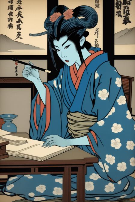 00636-1576391749-_lora_Ukiyo-e Art_1_Ukiyo-e Art - young adult tiefling woman with blue skin, wearing traditional Japanese fine clothes, sitting.png